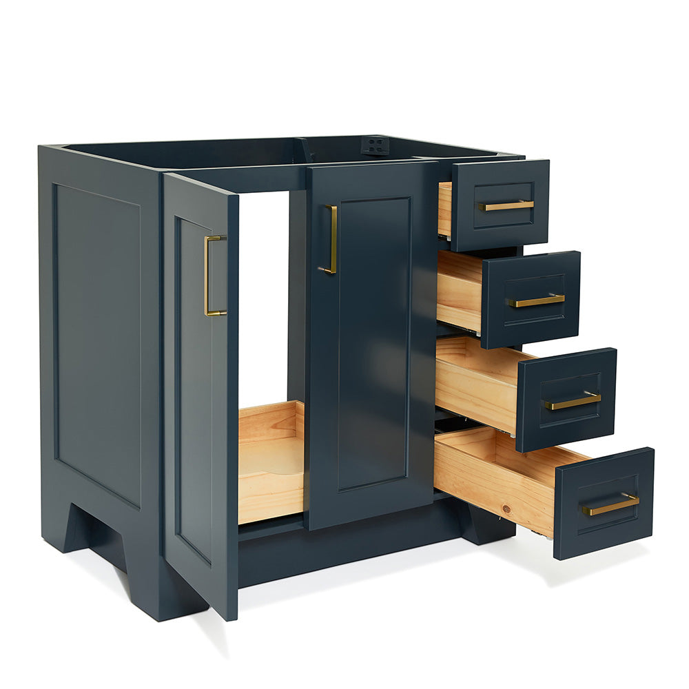 Emilia 36-inch Midnight Blue base cabinet on white back ground side view open door