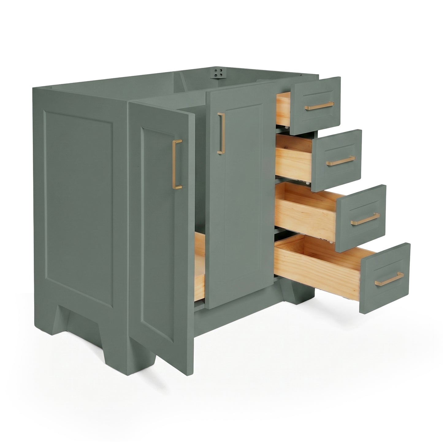 Emilia 36-inch Vintage Green base cabinet on white back ground side view open door