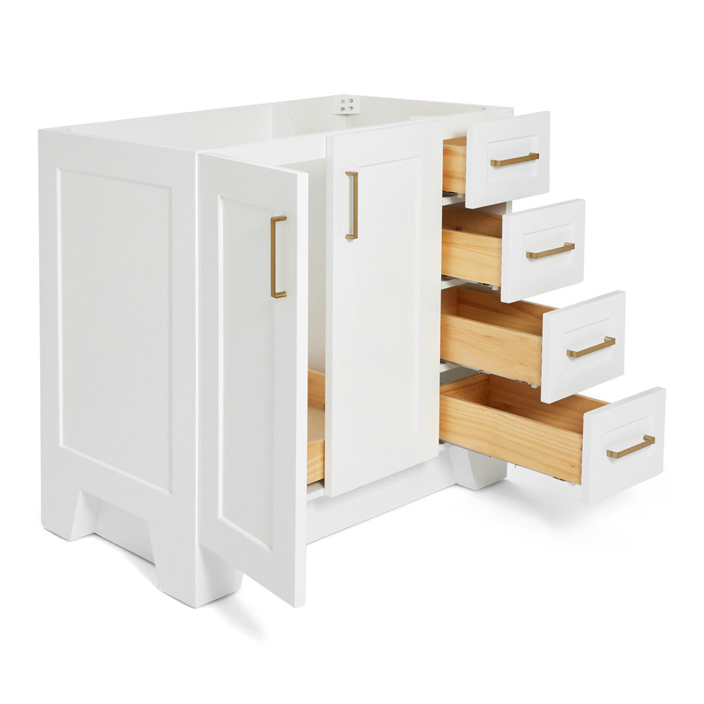 Emilia 36-inch White base cabinet on white back ground side view open door