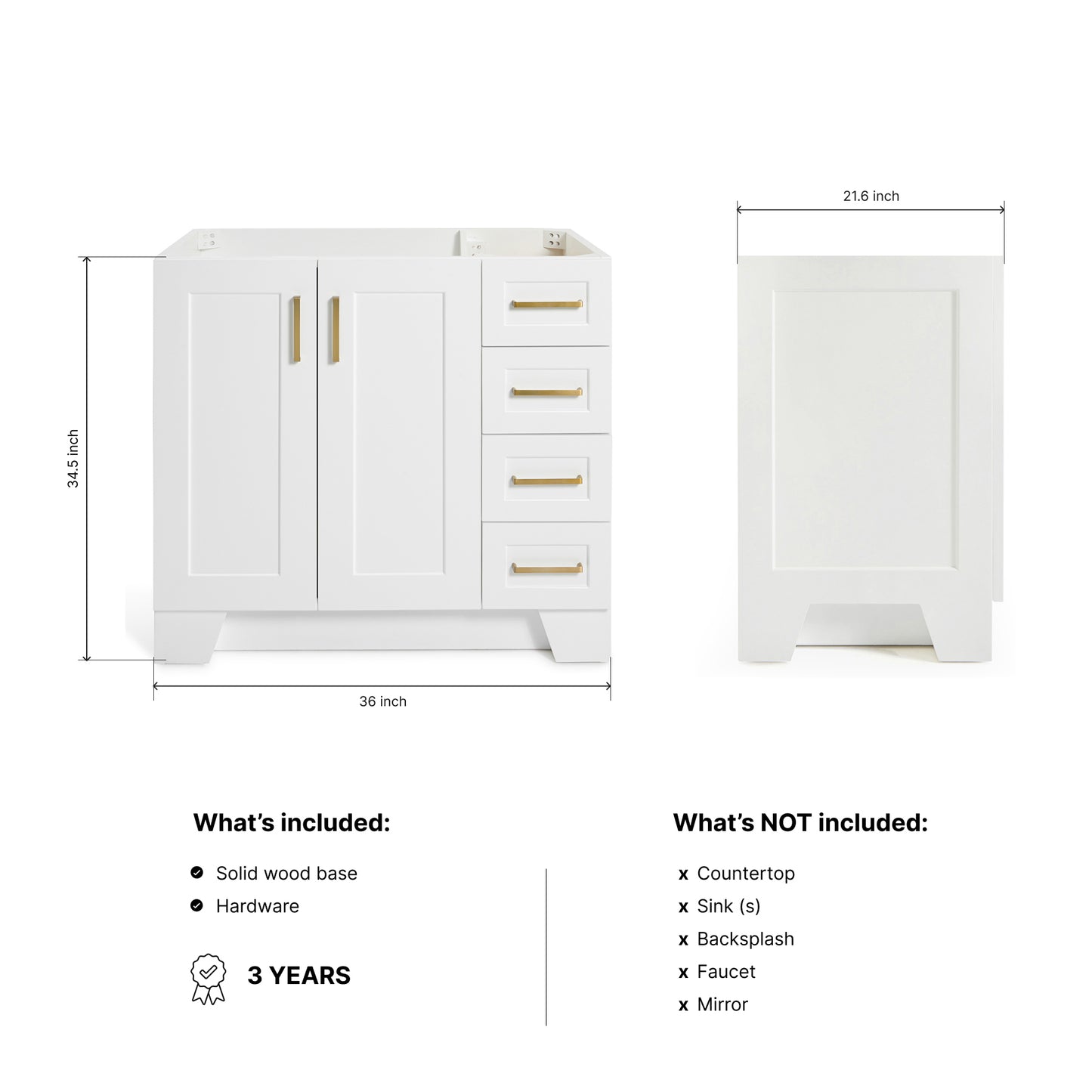 Emilia 36-inch White base cabinet on dimensions