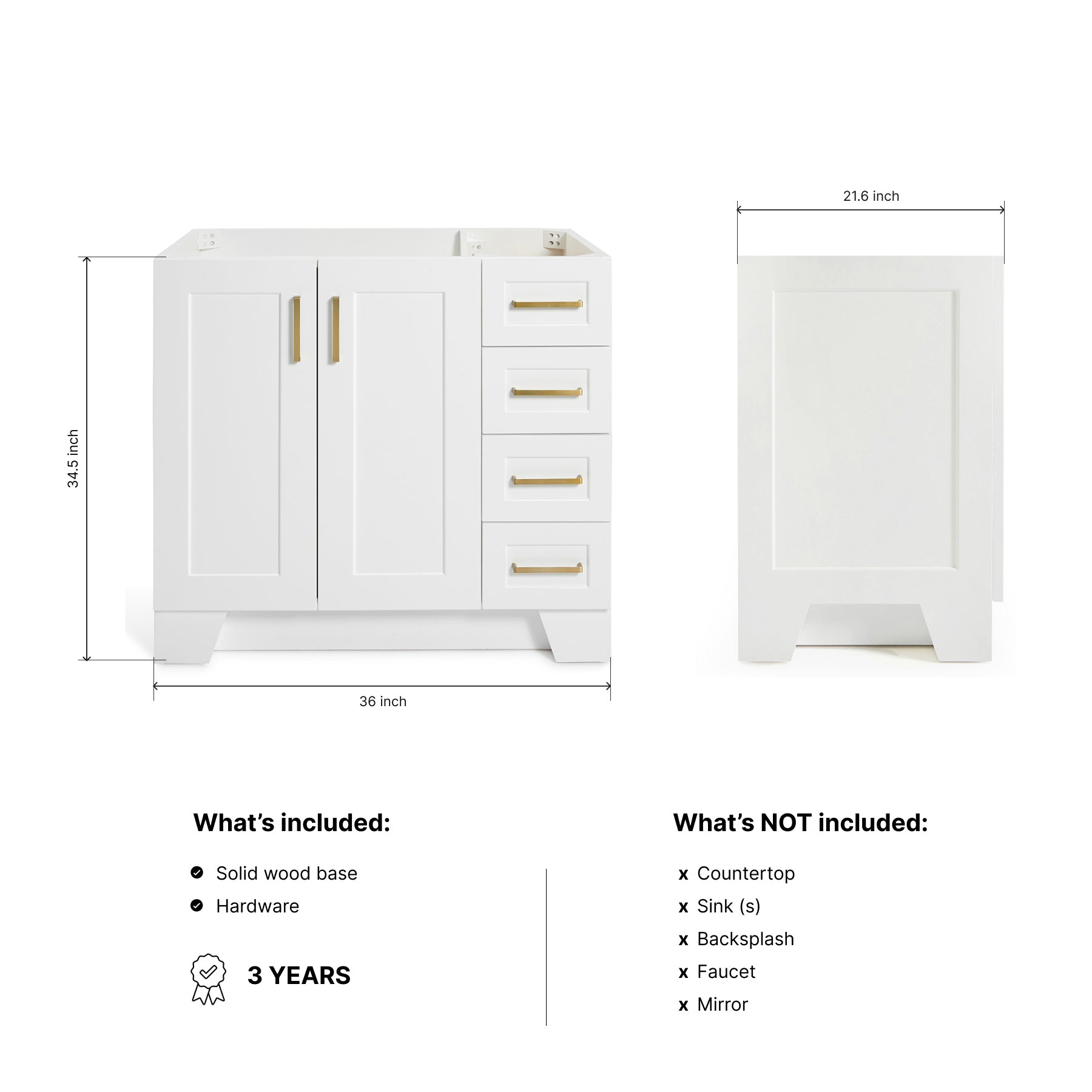 Emilia 36-inch White base cabinet on dimensions