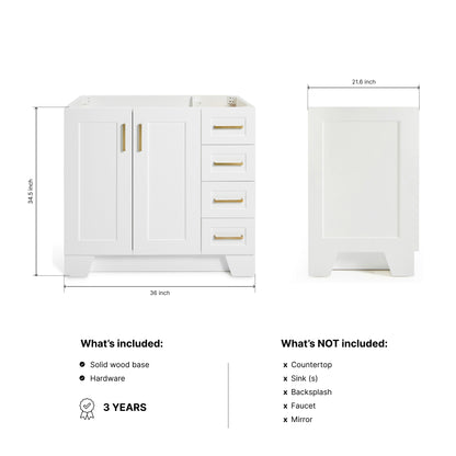 Emilia 36-inch White base cabinet on dimensions