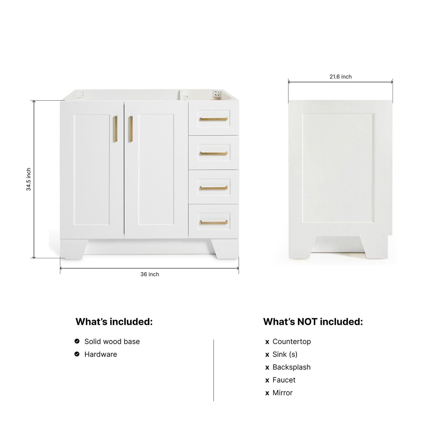 Emilia 36-inch White base cabinet on dimensions