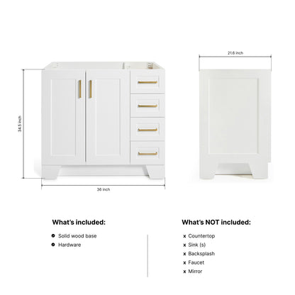 Emilia 36-inch White base cabinet on dimensions