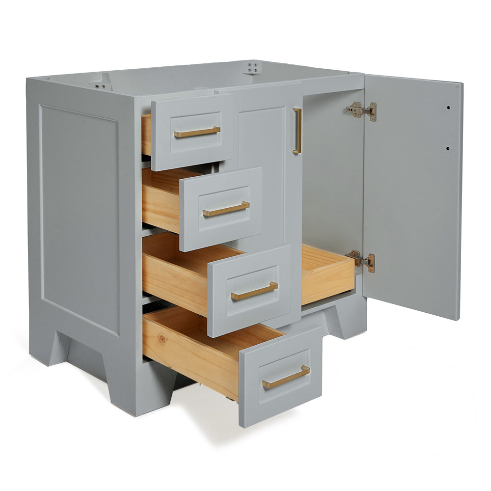 Emilia 36-inch Grey base cabinet on white back ground side view open door