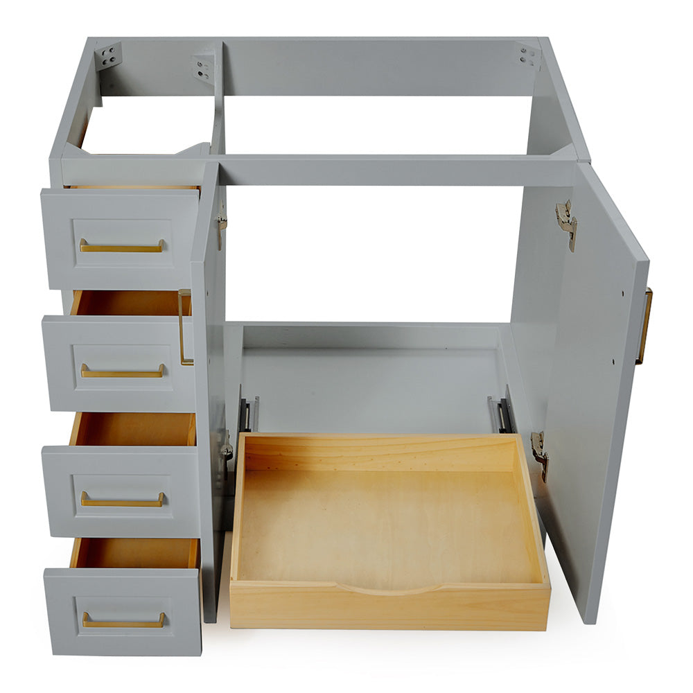 Emilia 36-inch Grey base cabinet on white back ground front view open door