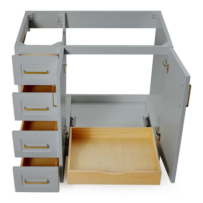 Emilia 36-inch Grey base cabinet on white back ground front view open door