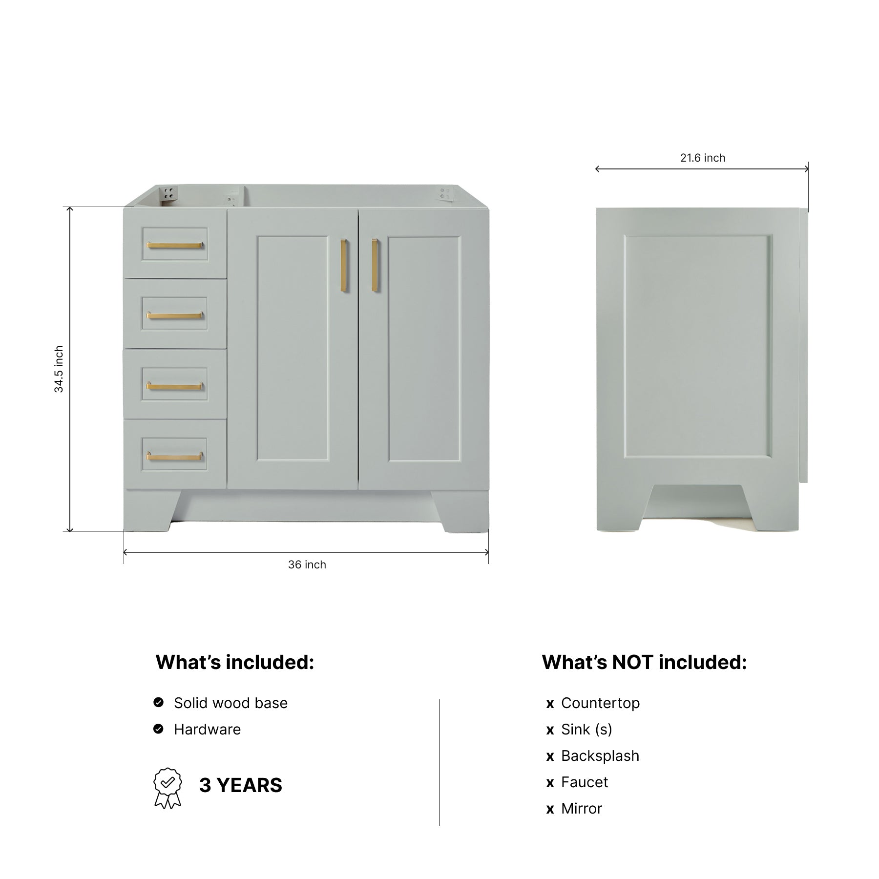 Emilia 36-inch Grey base cabinet on dimensions
