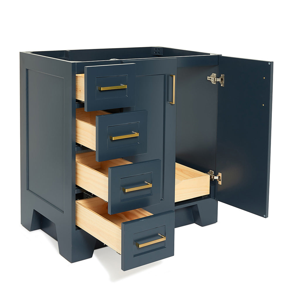 Emilia 36-inch Midnight Blue base cabinet on white back ground side view open door
