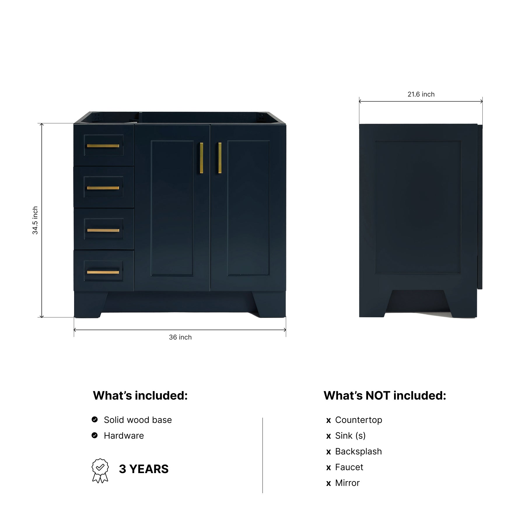 Emilia 36-inch Midnight Blue base cabinet on dimensions