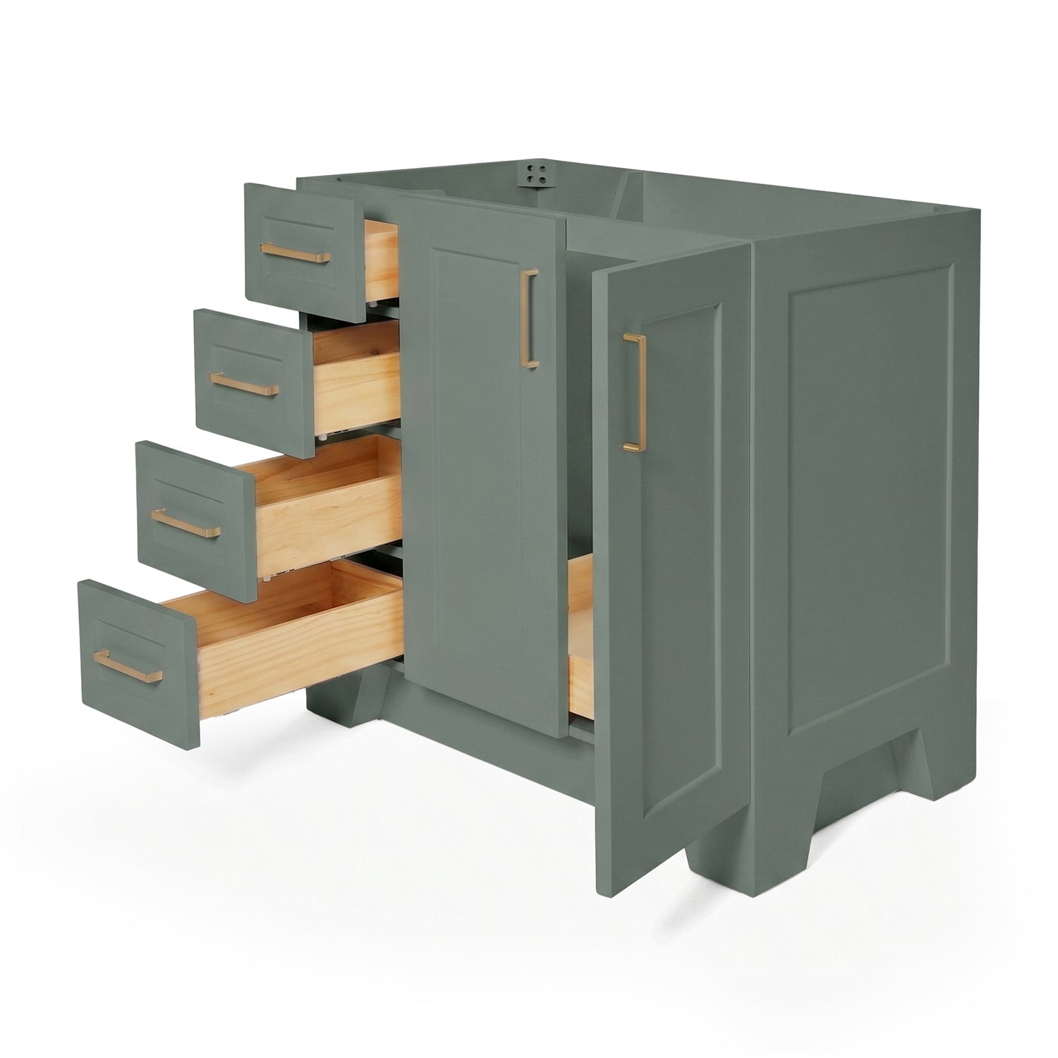 Emilia 36-inch Vintage Green base cabinet on white back ground side view open door