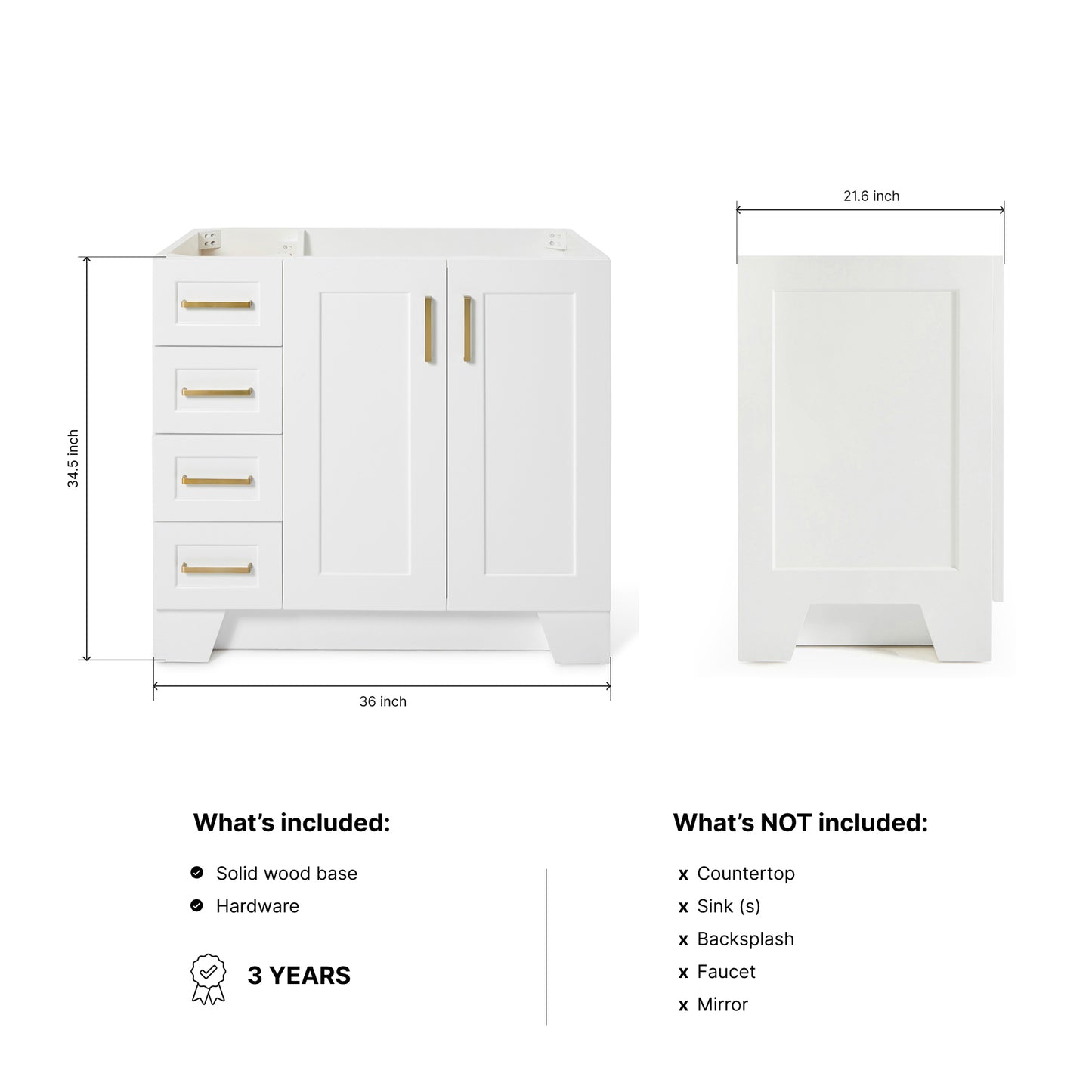 Emilia 36-inch White base cabinet on dimensions