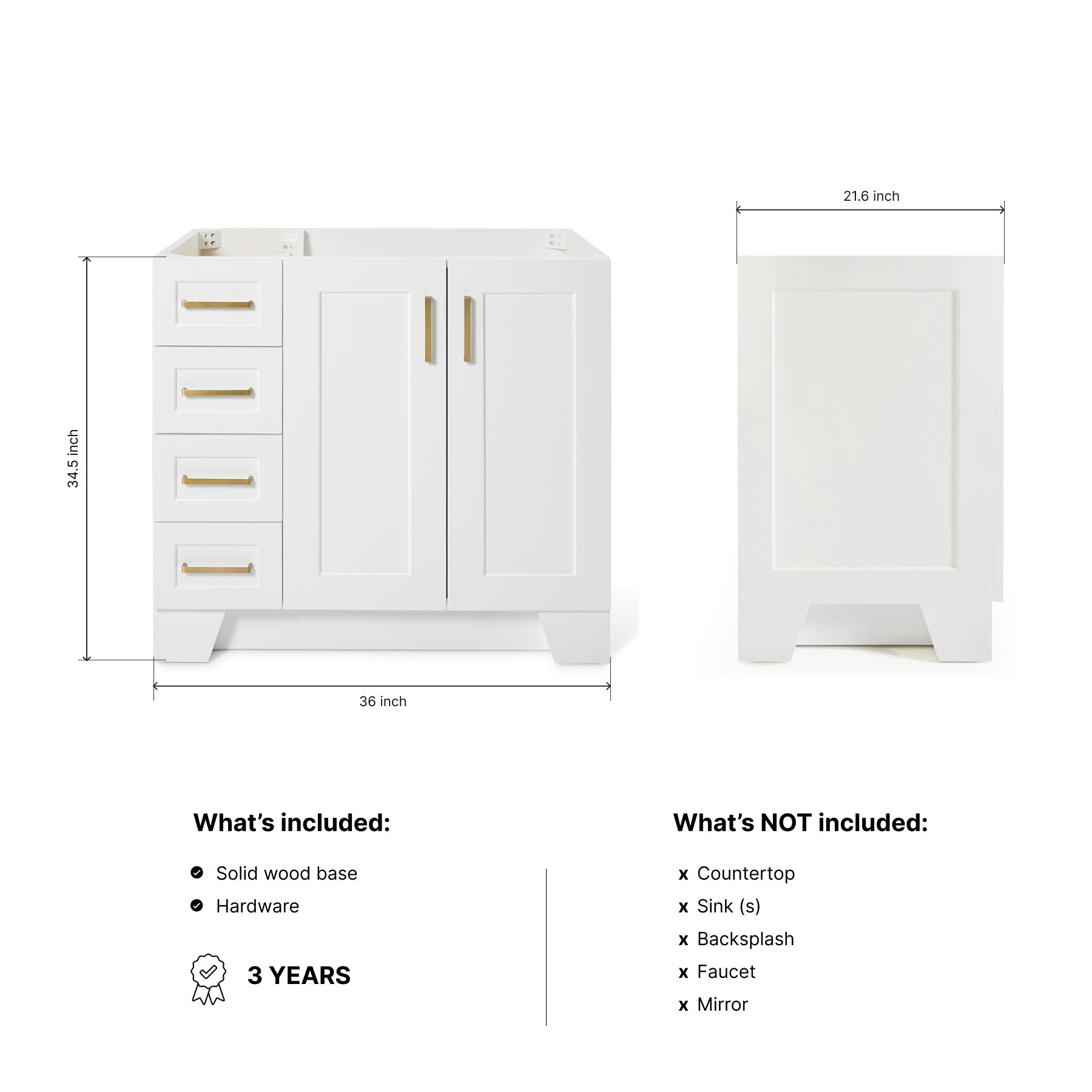 Emilia 36-inch White base cabinet on dimensions