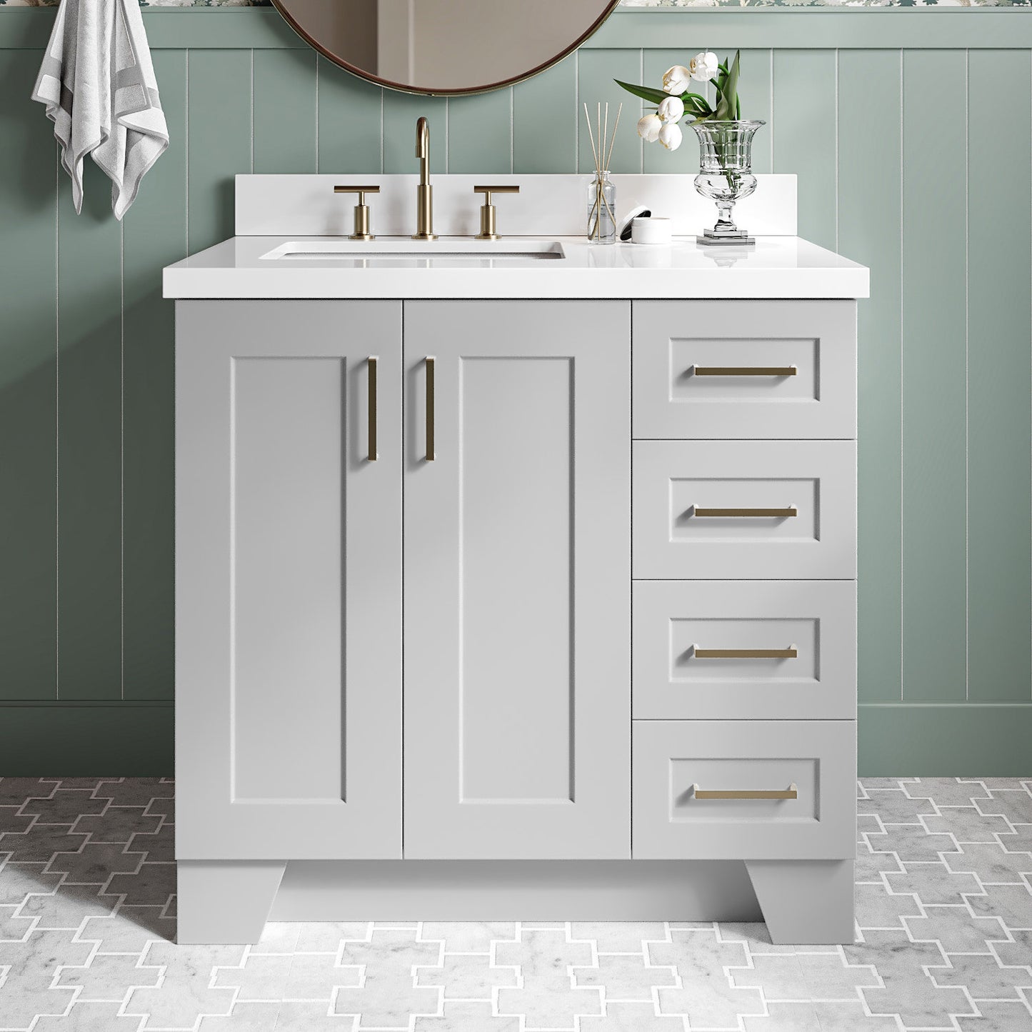 Emilia 36-Inch Grey bathroom vanity in styled bathroom setting