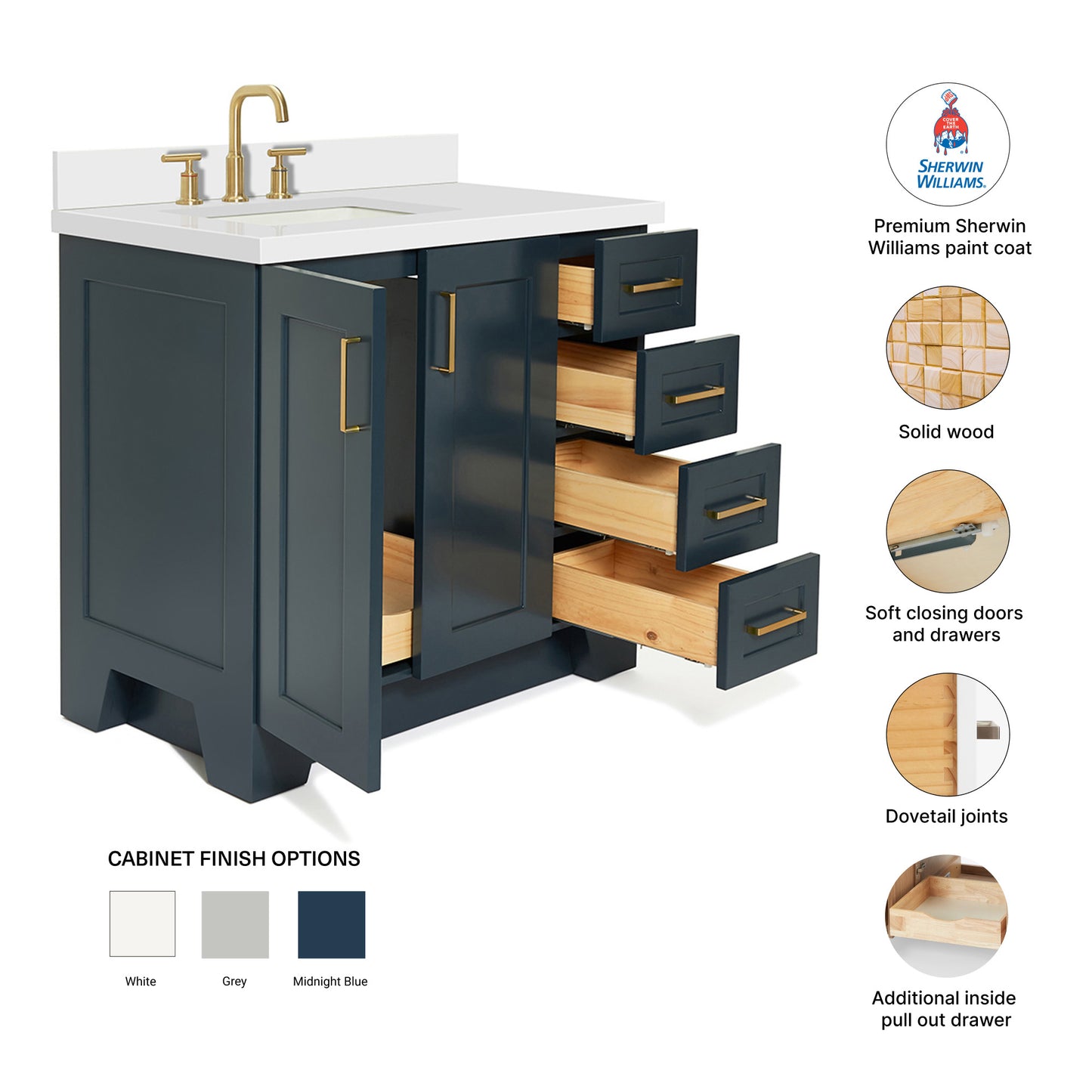Emilia 36-Inch Midnight Blue bathroom vanity – feature highlights: solid wood frame, soft-close doors and drawers, Sherwin-Williams paint finish