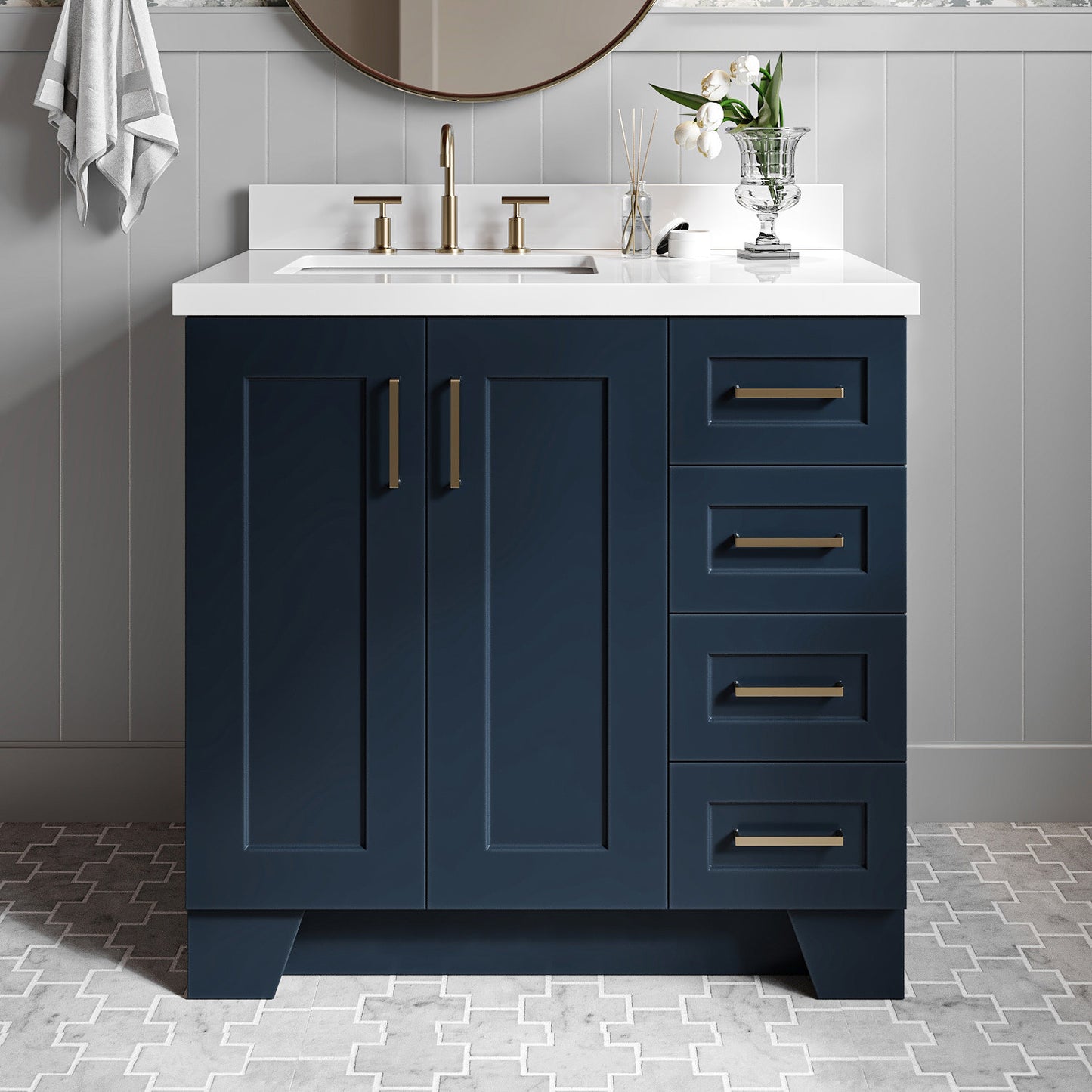 Emilia 36-Inch Midnight Blue bathroom vanity in styled bathroom setting