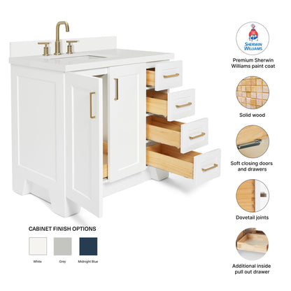 Emilia 36-Inch White bathroom vanity – feature highlights: solid wood frame, soft-close doors and drawers, Sherwin-Williams paint finish