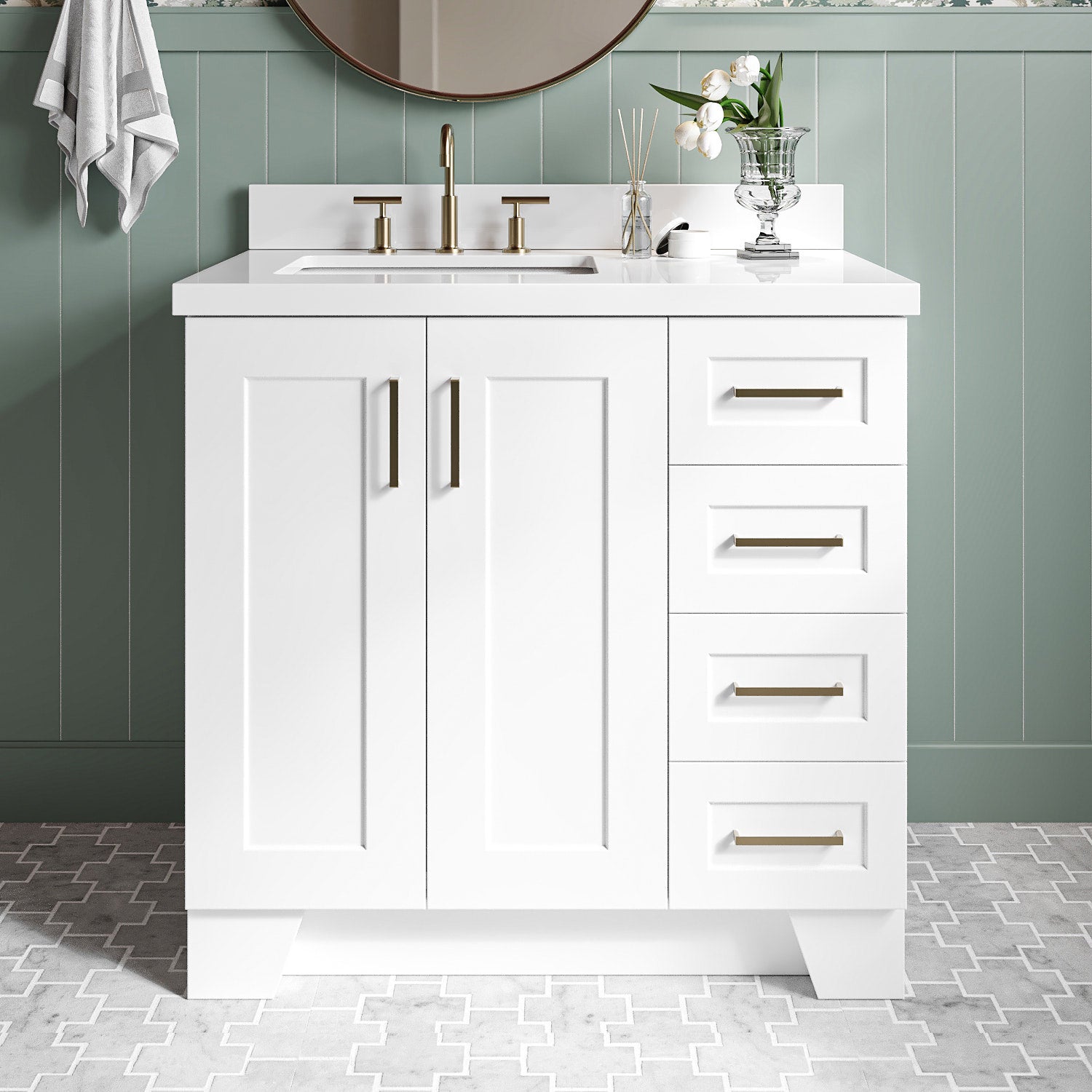 Emilia 36-Inch White bathroom vanity in styled bathroom setting
