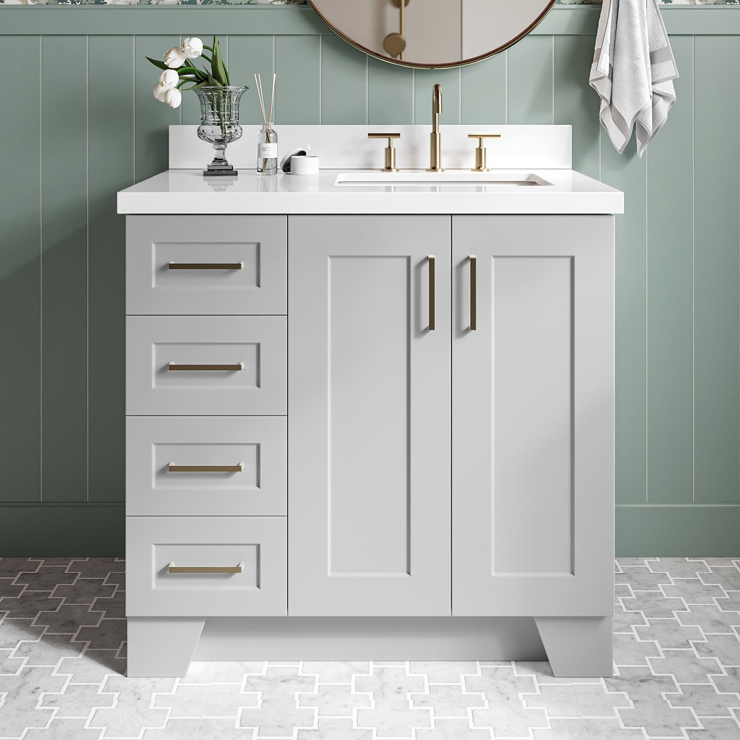 Emilia 36-Inch Grey bathroom vanity in styled bathroom setting