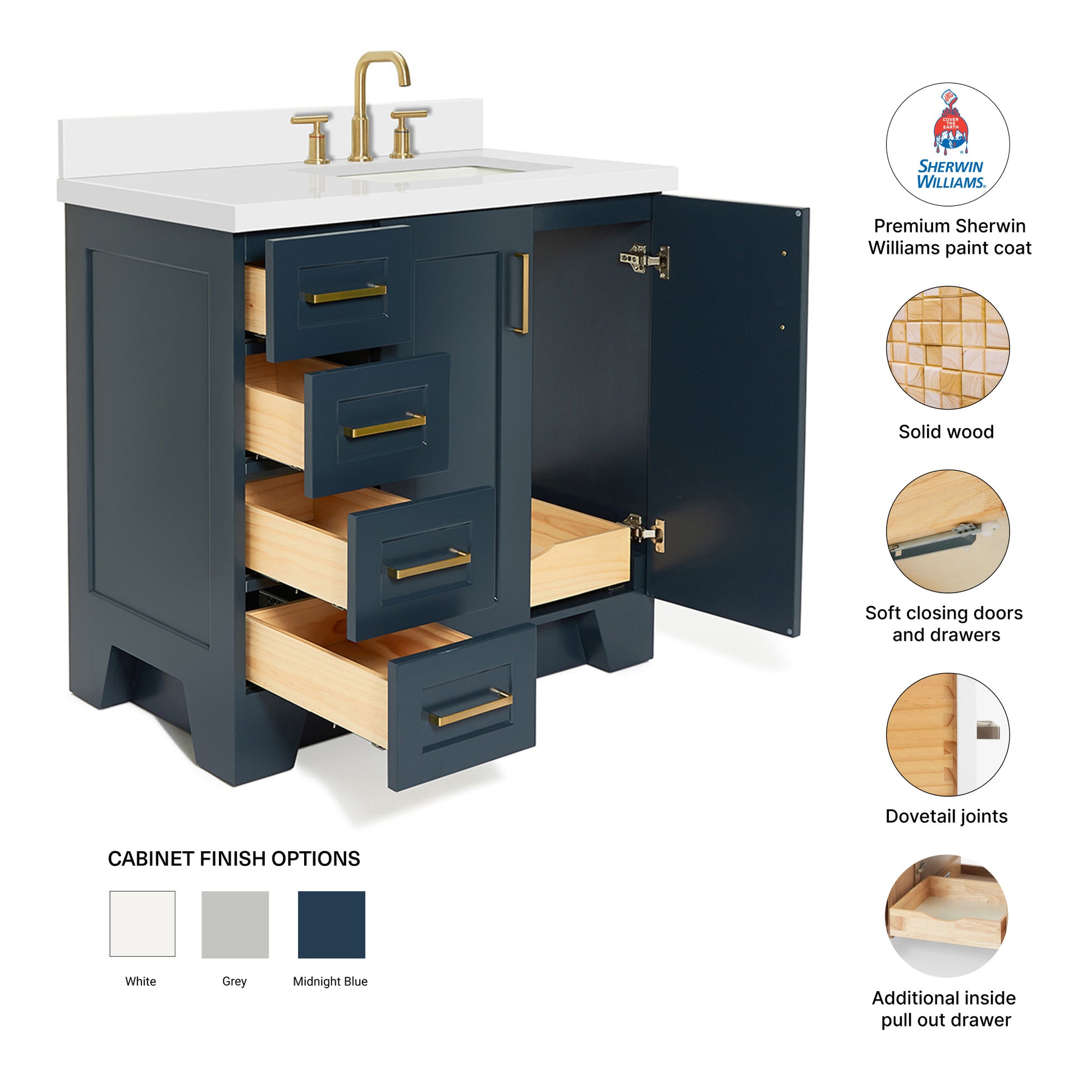 Emilia 36-Inch Midnight Blue bathroom vanity – feature highlights: solid wood frame, soft-close doors and drawers, Sherwin-Williams paint finish