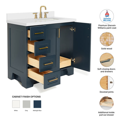Emilia 36-Inch Midnight Blue bathroom vanity – feature highlights: solid wood frame, soft-close doors and drawers, Sherwin-Williams paint finish