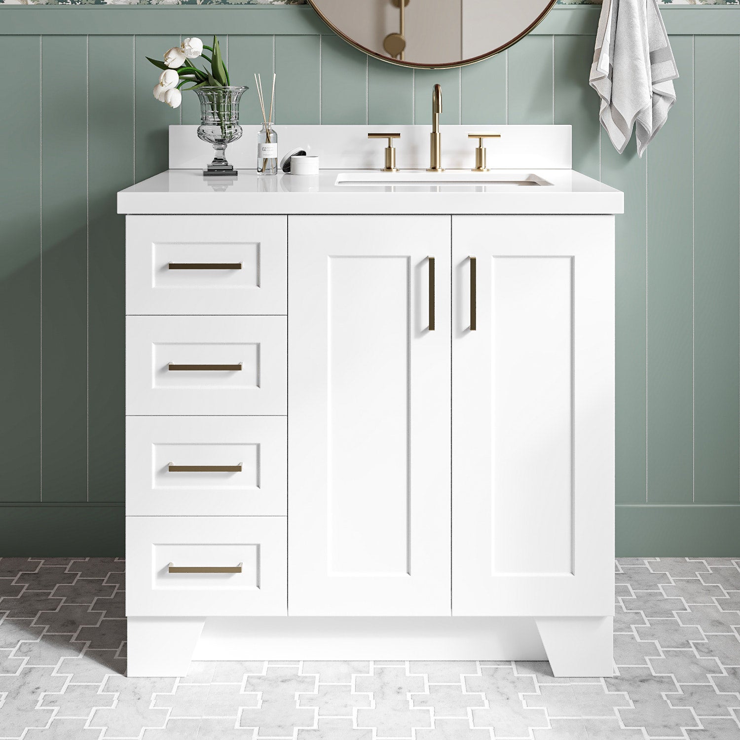 Emilia 36-Inch Bathroom Vanity | Solid Wood, Quartz Top, Right Offset ...