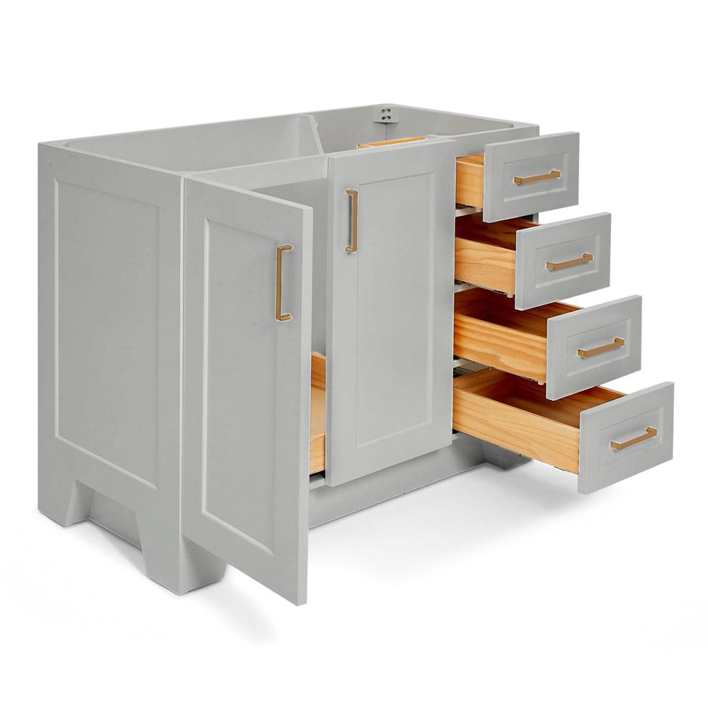 Emilia 42-inch Grey base cabinet on white back ground side view open door
