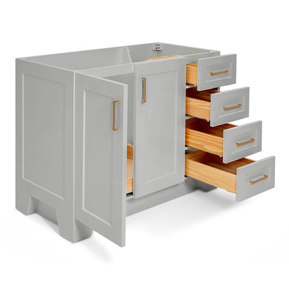 Emilia 42-inch Grey base cabinet on white back ground side view open door