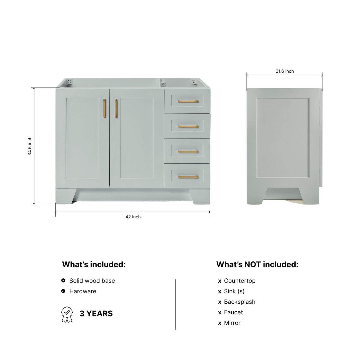 Emilia 42-inch Grey base cabinet on dimensions