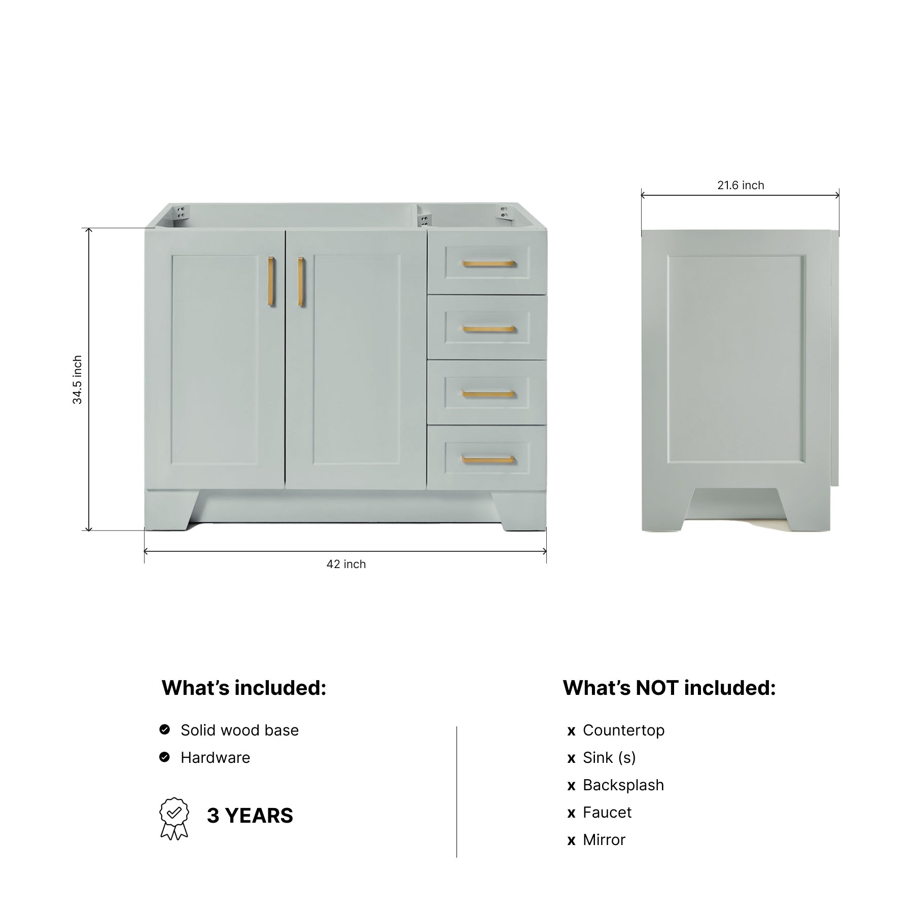 Emilia 42-inch Grey base cabinet on dimensions