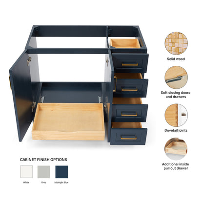 Emilia 42-inch Midnight Blue base cabinet on feature highlights: solid wood frame, soft-close doors and drawers, Sherwin-Williams paint finish