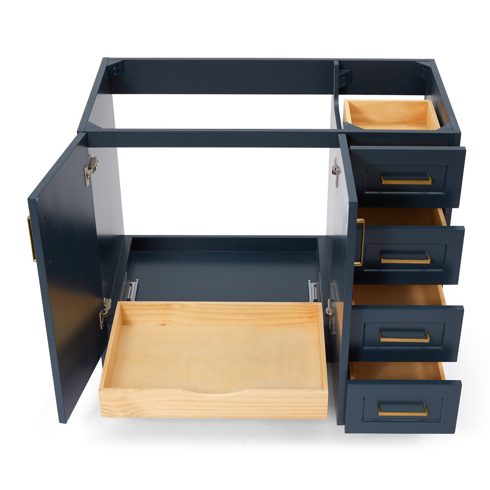 Emilia 42-inch Midnight Blue base cabinet on white back ground side view open door