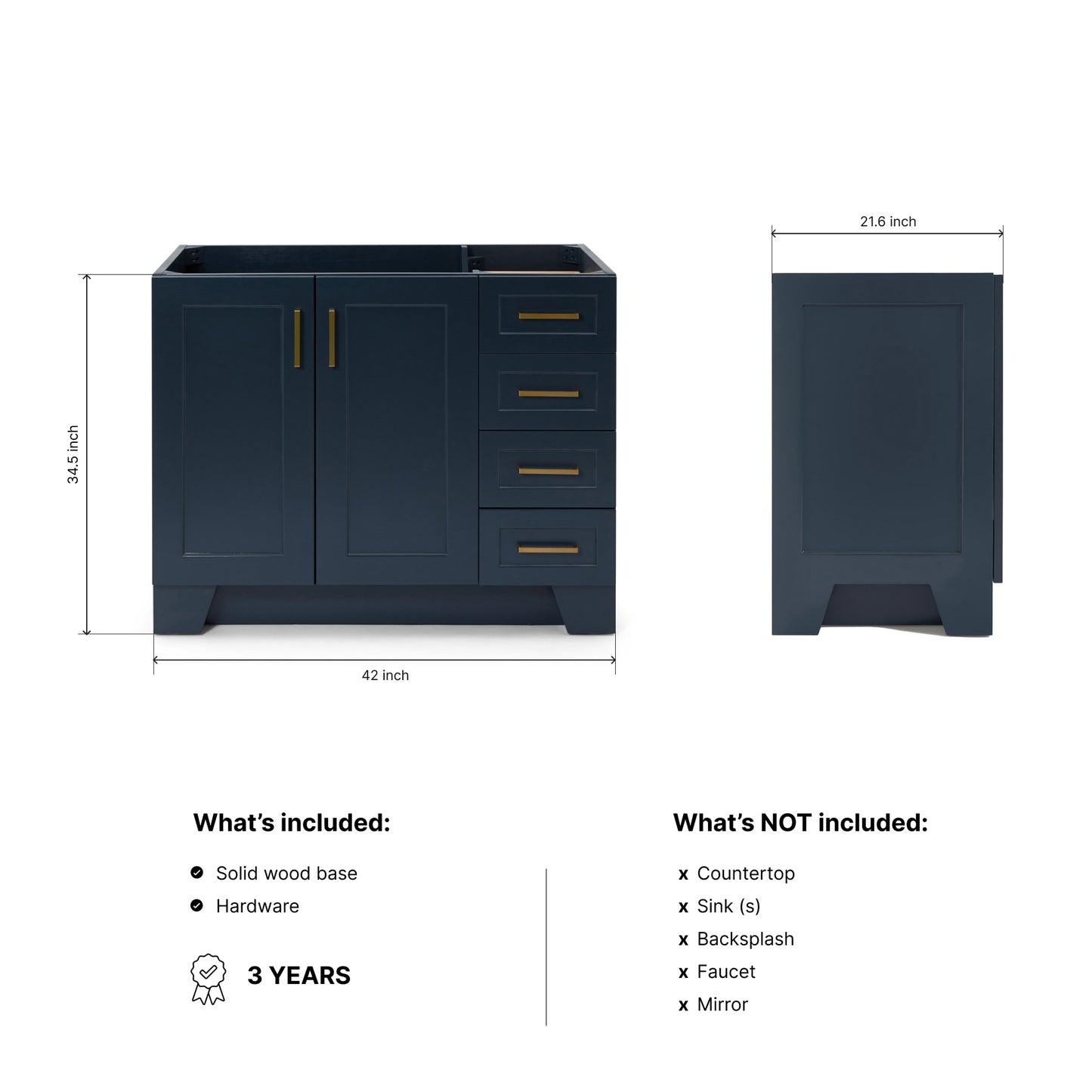 Emilia 42-inch Midnight Blue base cabinet on dimensions