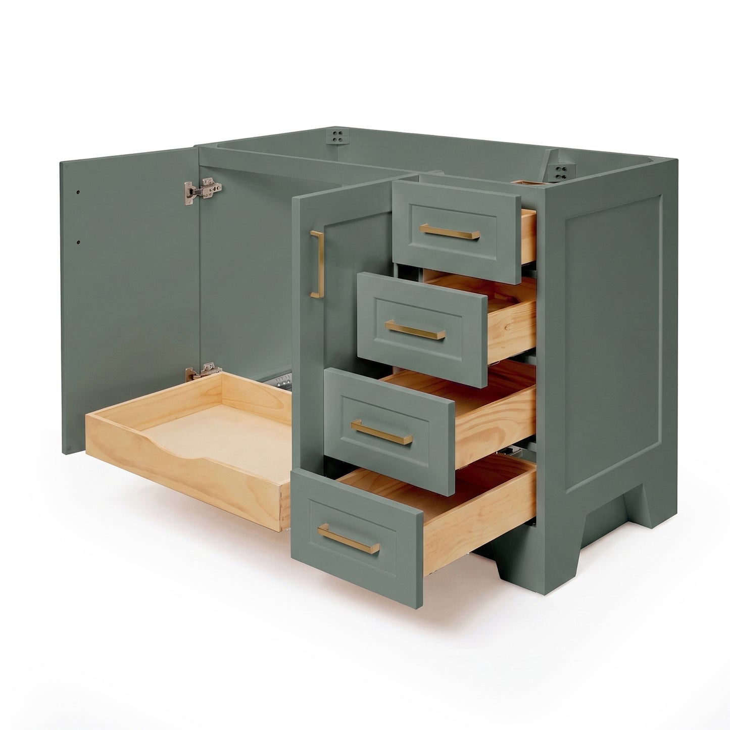 Emilia 42-inch Vintage Green base cabinet on white back ground side view open door