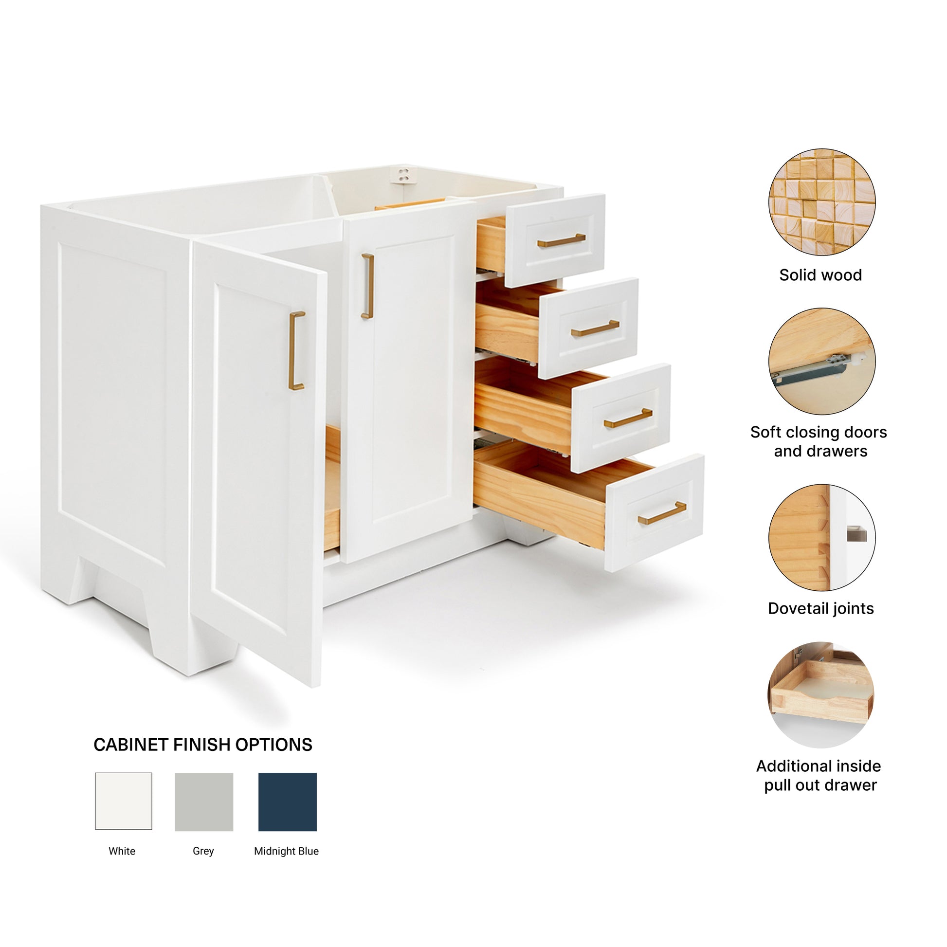 Emilia 42-inch White base cabinet on feature highlights: solid wood frame, soft-close doors and drawers, Sherwin-Williams paint finish