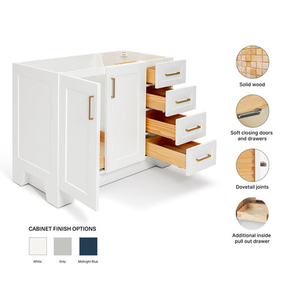 Emilia 42-inch White base cabinet on feature highlights: solid wood frame, soft-close doors and drawers, Sherwin-Williams paint finish