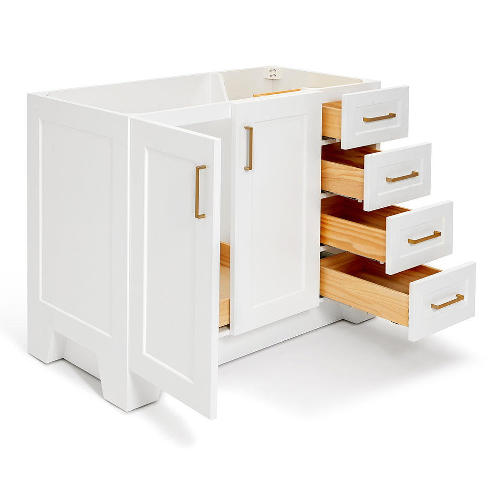 Emilia 42-inch White base cabinet on white back ground side view open door