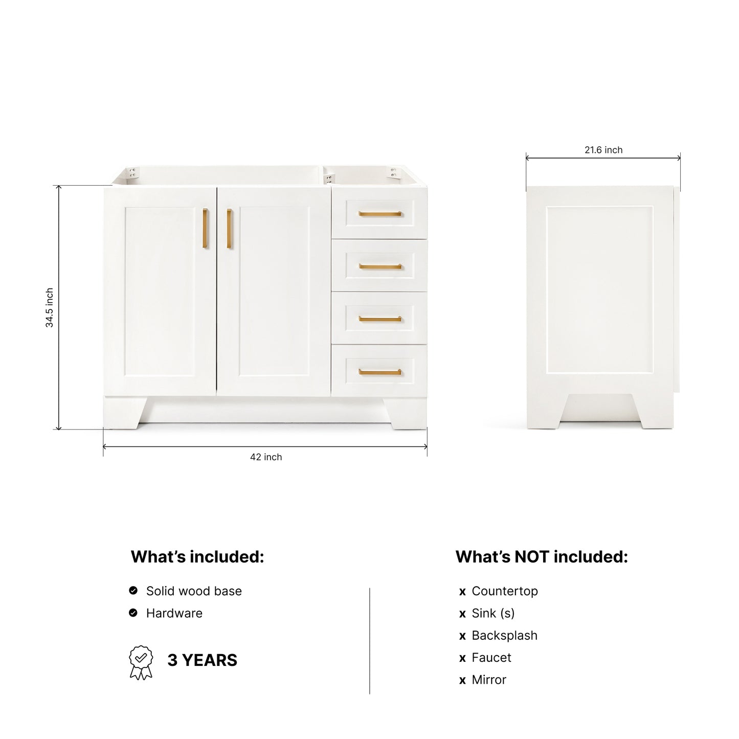 Emilia 42-inch White base cabinet on dimensions