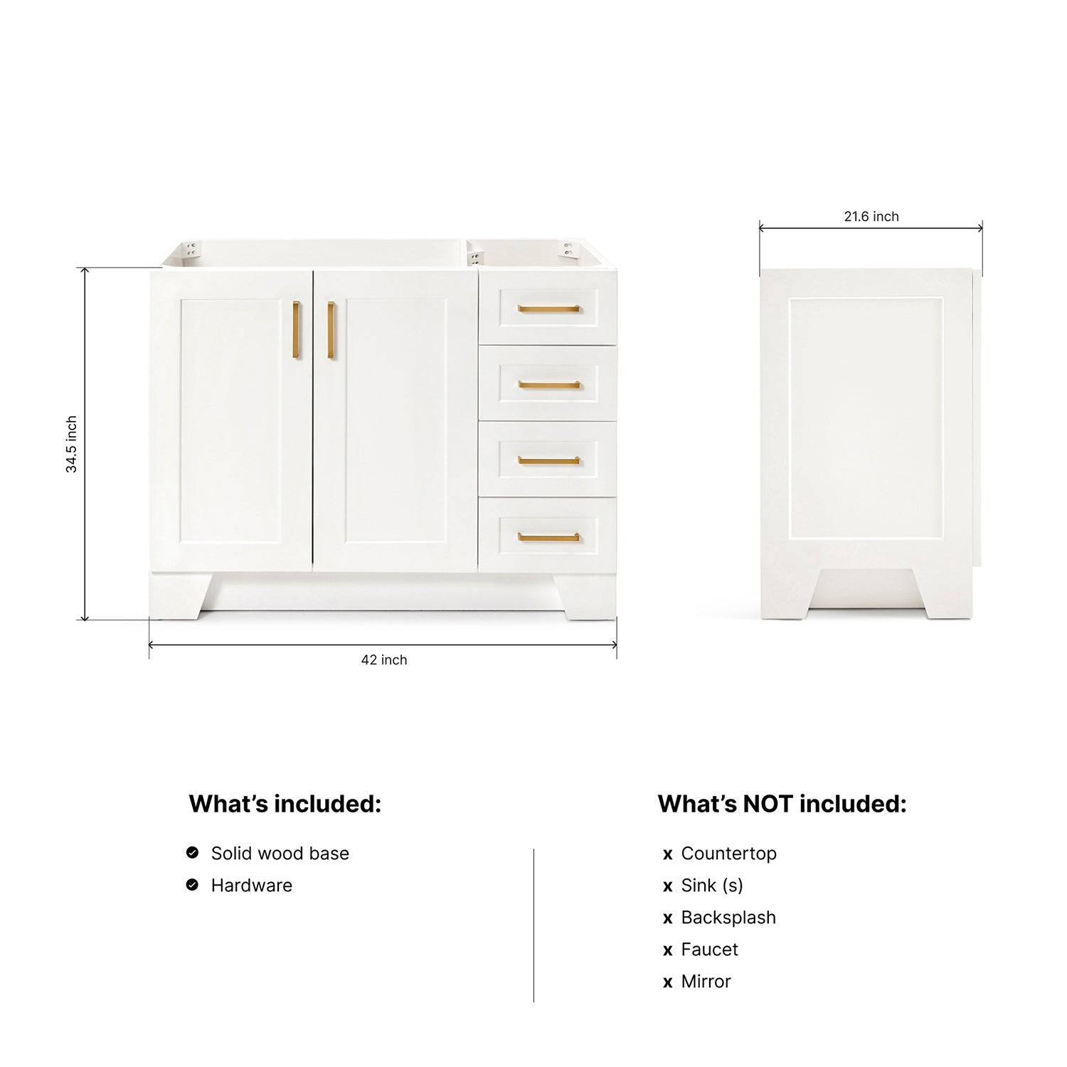 Emilia 42-inch White base cabinet on dimensions