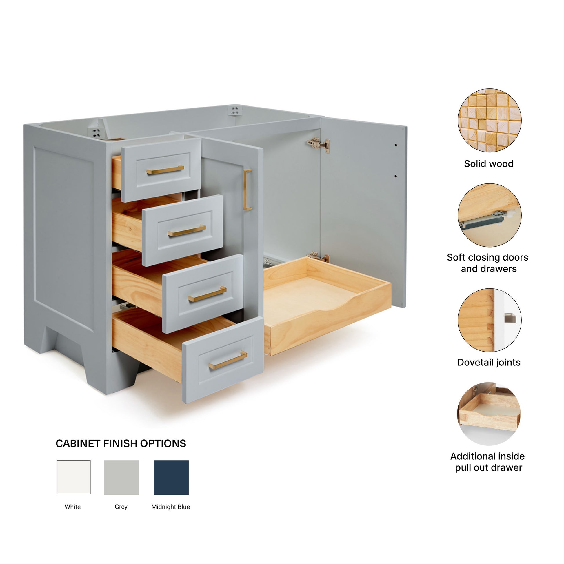 Emilia 42-inch Grey base cabinet on feature highlights: solid wood frame, soft-close doors and drawers, Sherwin-Williams paint finish