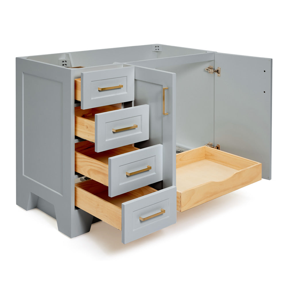 Emilia 42-inch Grey base cabinet on white back ground side view open door