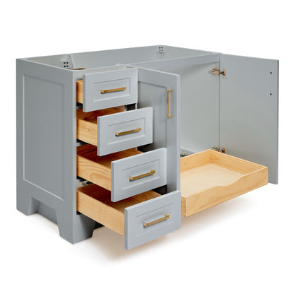 Emilia 42-inch Grey base cabinet on white back ground side view open door
