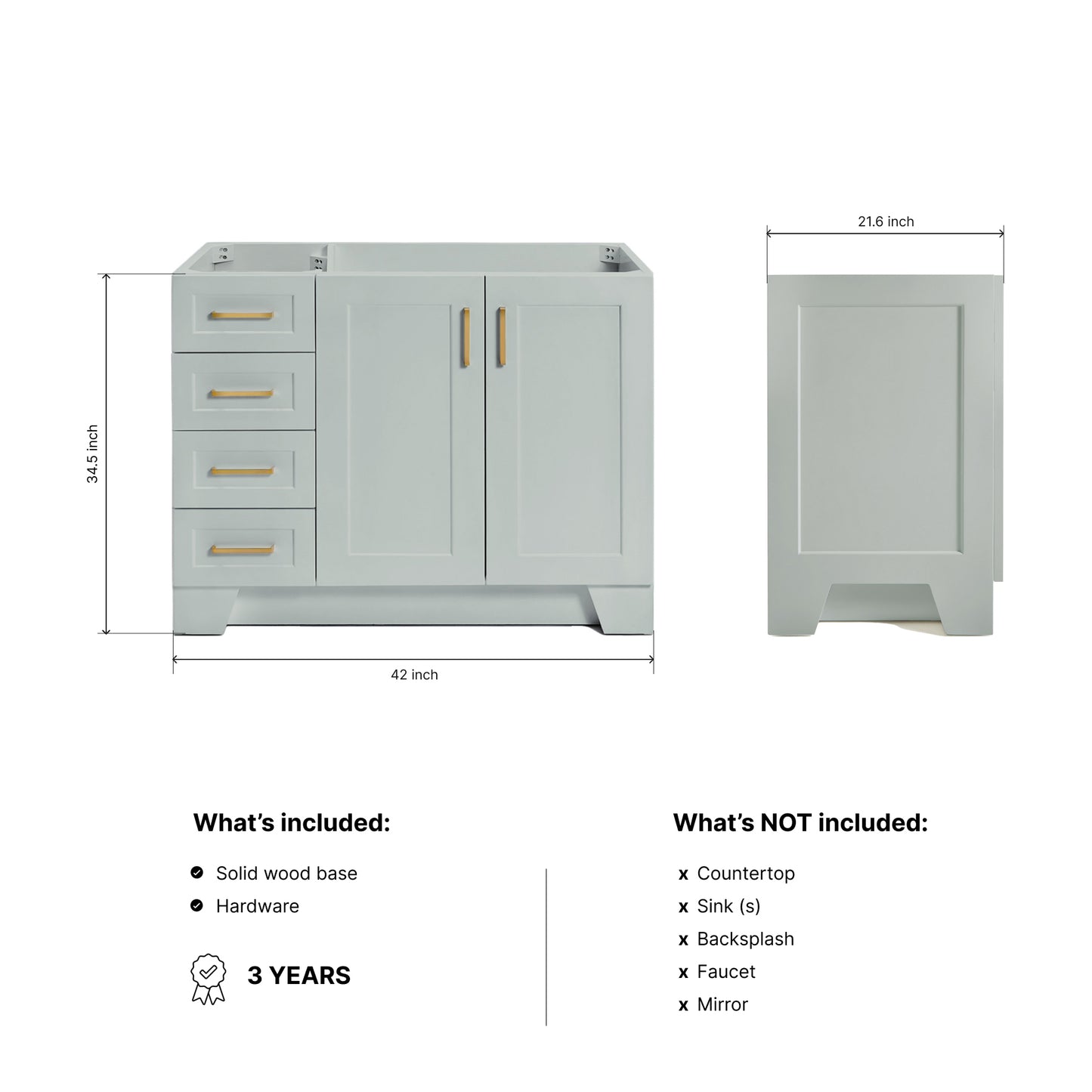 Emilia 42-inch Grey base cabinet on dimensions