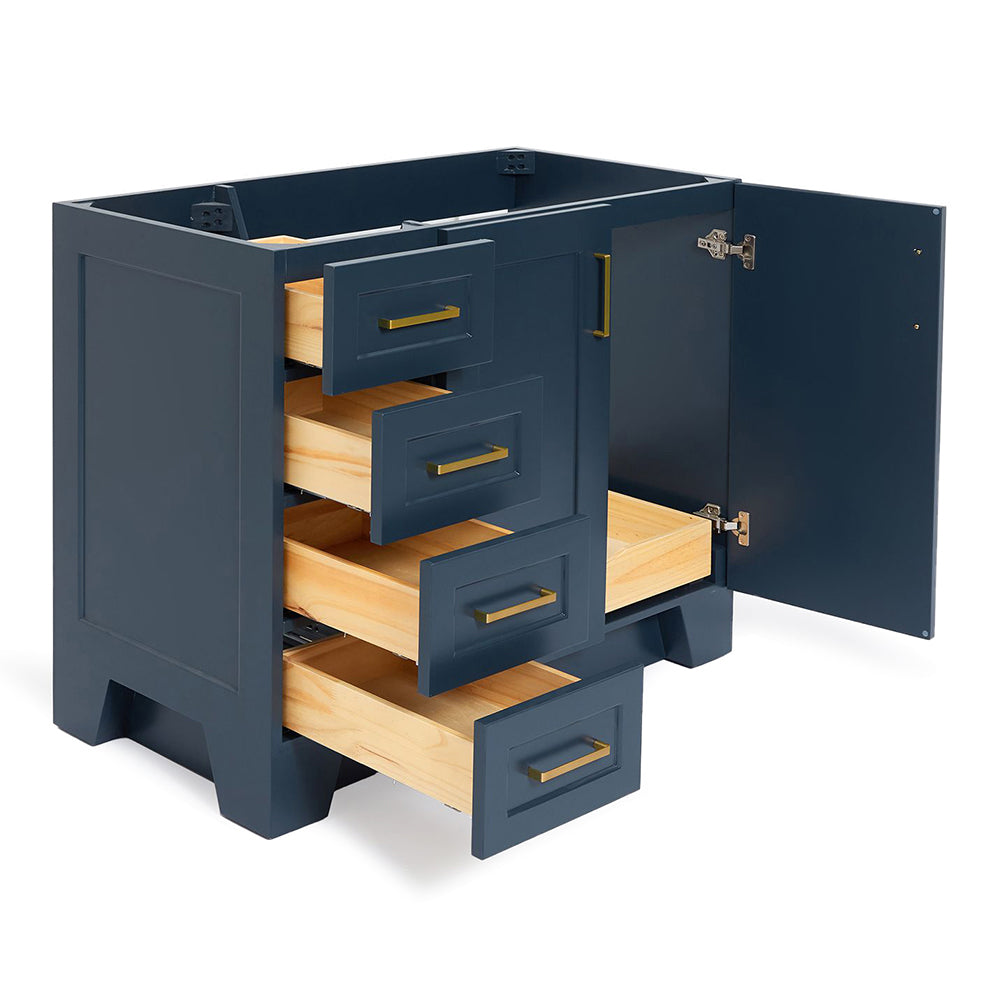 Emilia 42-inch Midnight Blue base cabinet on white back ground side view open door