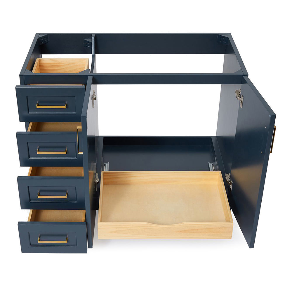 Emilia 42-inch Midnight Blue base cabinet on white back ground front view open door