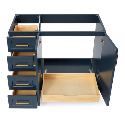 Emilia 42-inch Midnight Blue base cabinet on white back ground front view open door