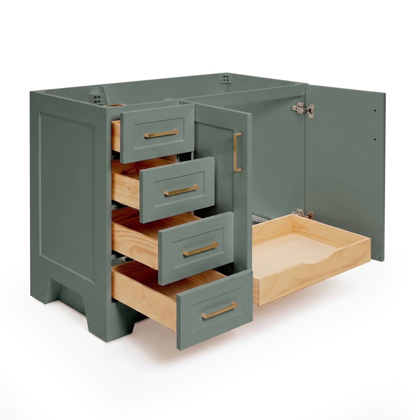 Emilia 42-inch Vintage Green base cabinet on white back ground side view open door