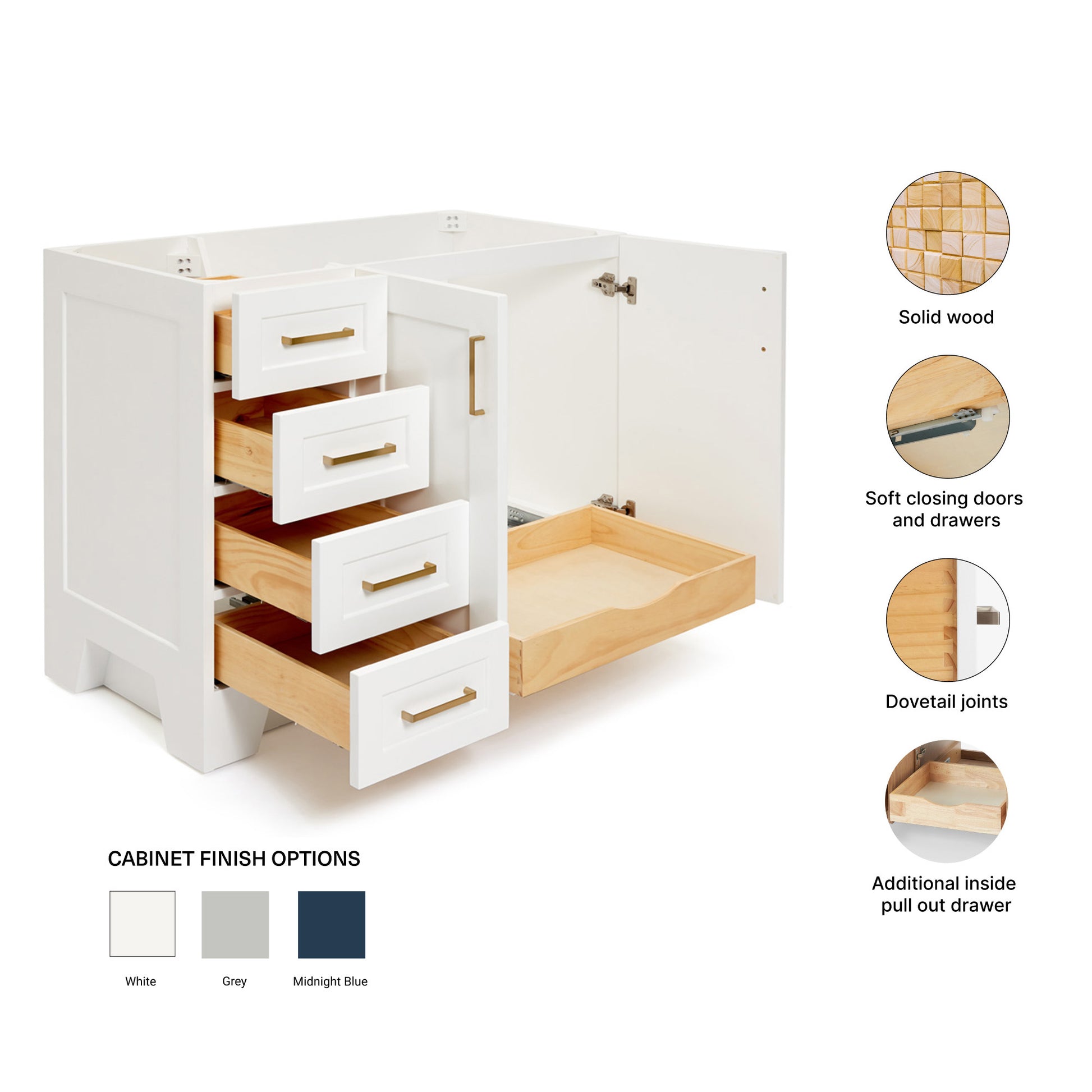 Emilia 42-inch White base cabinet on feature highlights: solid wood frame, soft-close doors and drawers, Sherwin-Williams paint finish