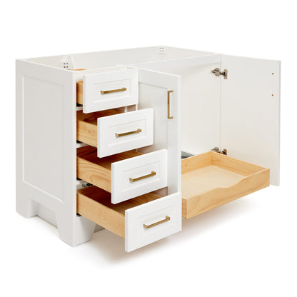 Emilia 42-inch White base cabinet on white back ground side view open door