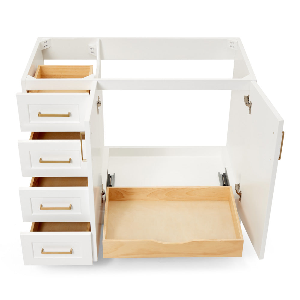 Emilia 42-inch White base cabinet on white back ground front view open door